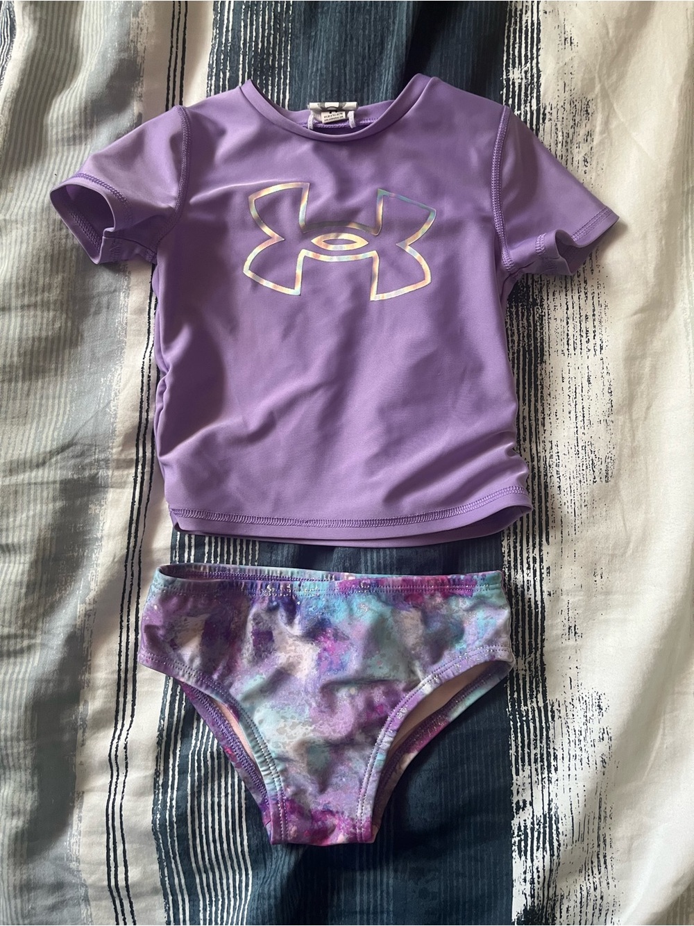 Under Armour Girls Purple Rash Guard Top with Tie-Dye Bikini Bottoms
